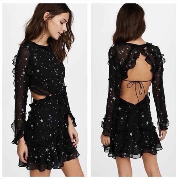 Fame and Partners The Kye Black Star Print Chiffom Open Back Mini Dress - Picture 1 of 9